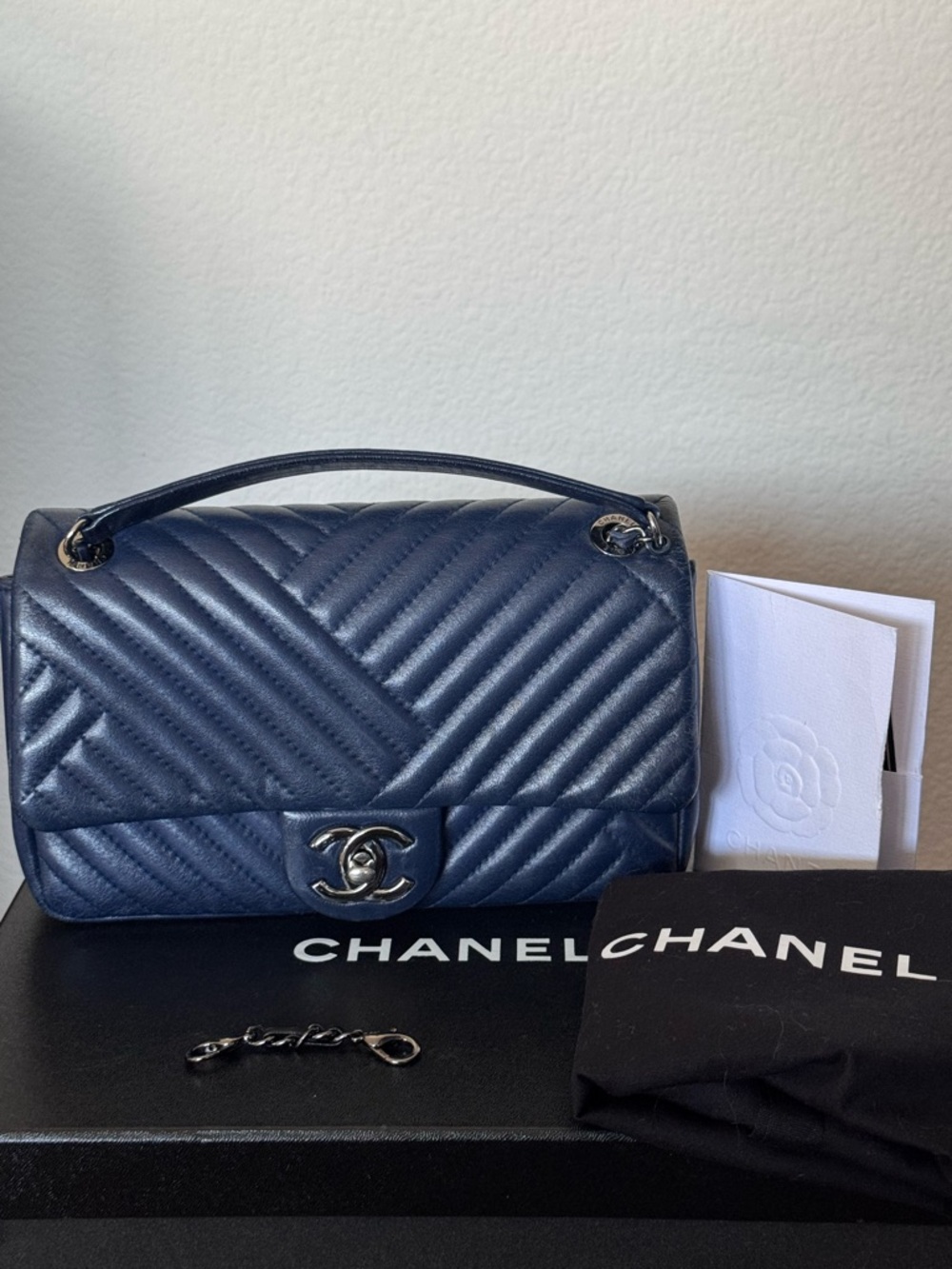 Chanel Small CC Flap Chevron Navy Blue Lambskin Ruthenium Hardware - Picture 11 of 11
